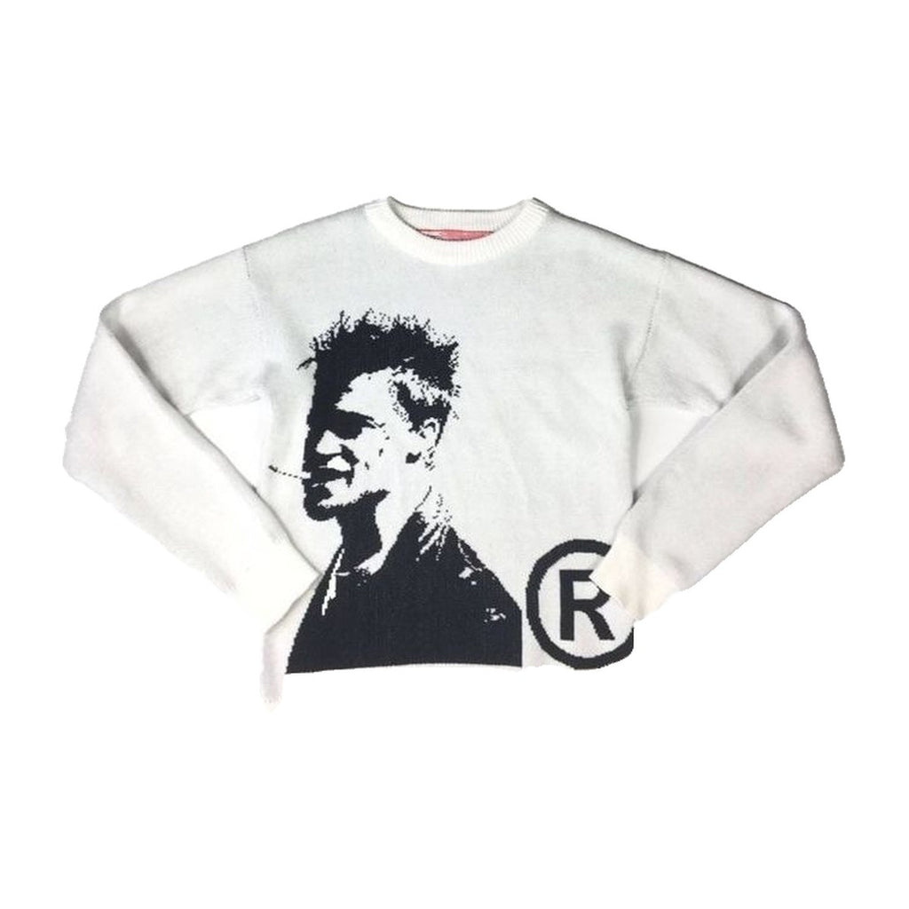 ‘FIGHTCLUB’ knit sweater – white knit sweater, black portrait intarsia