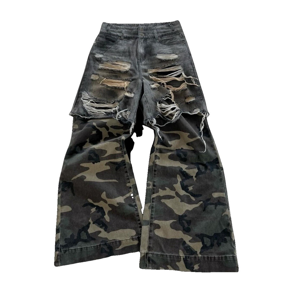 ‘FOXHOLE’ jeans – dark blue and camo jeans, heavily ripped
