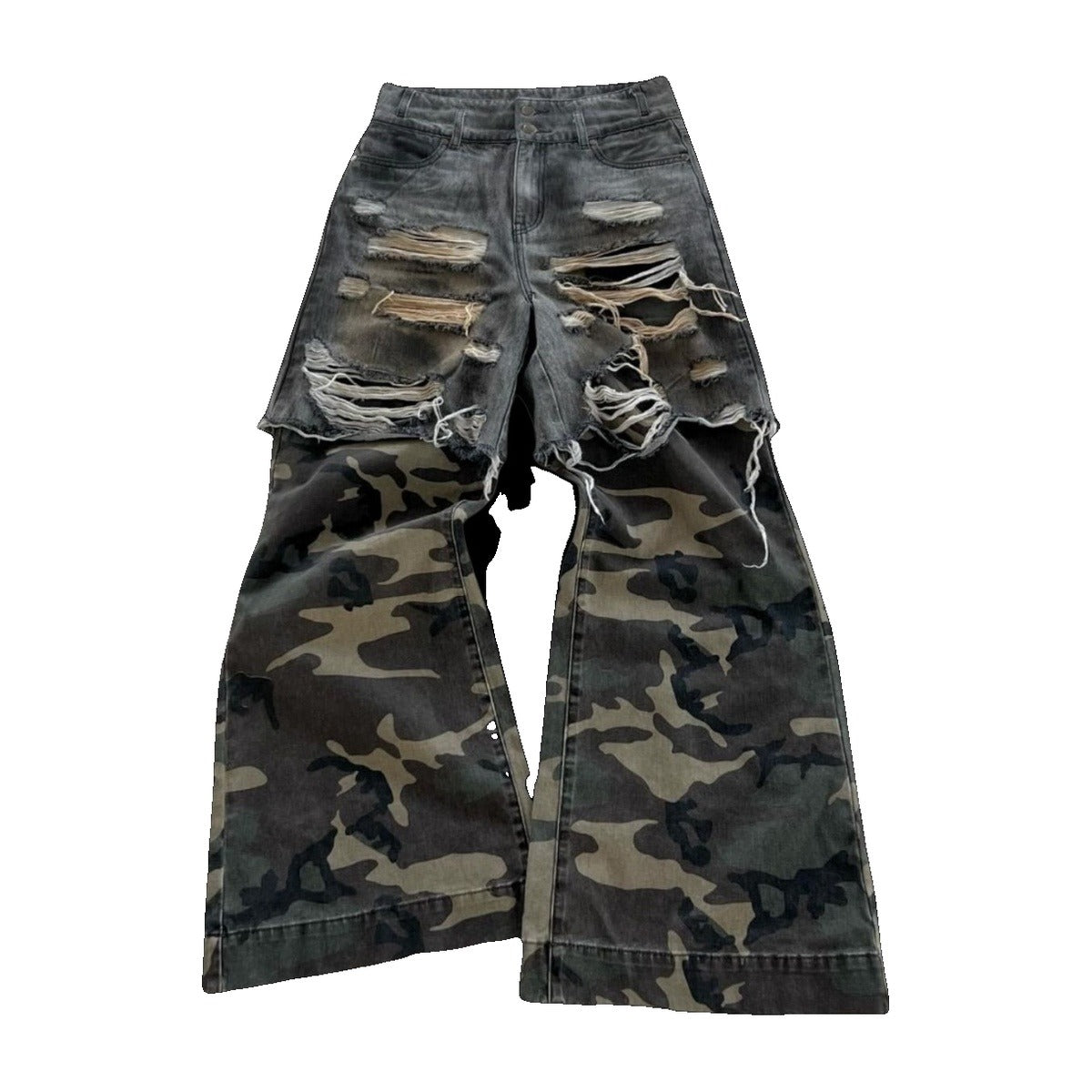 ‘FOXHOLE’ jeans – dark blue and camo jeans, heavily ripped