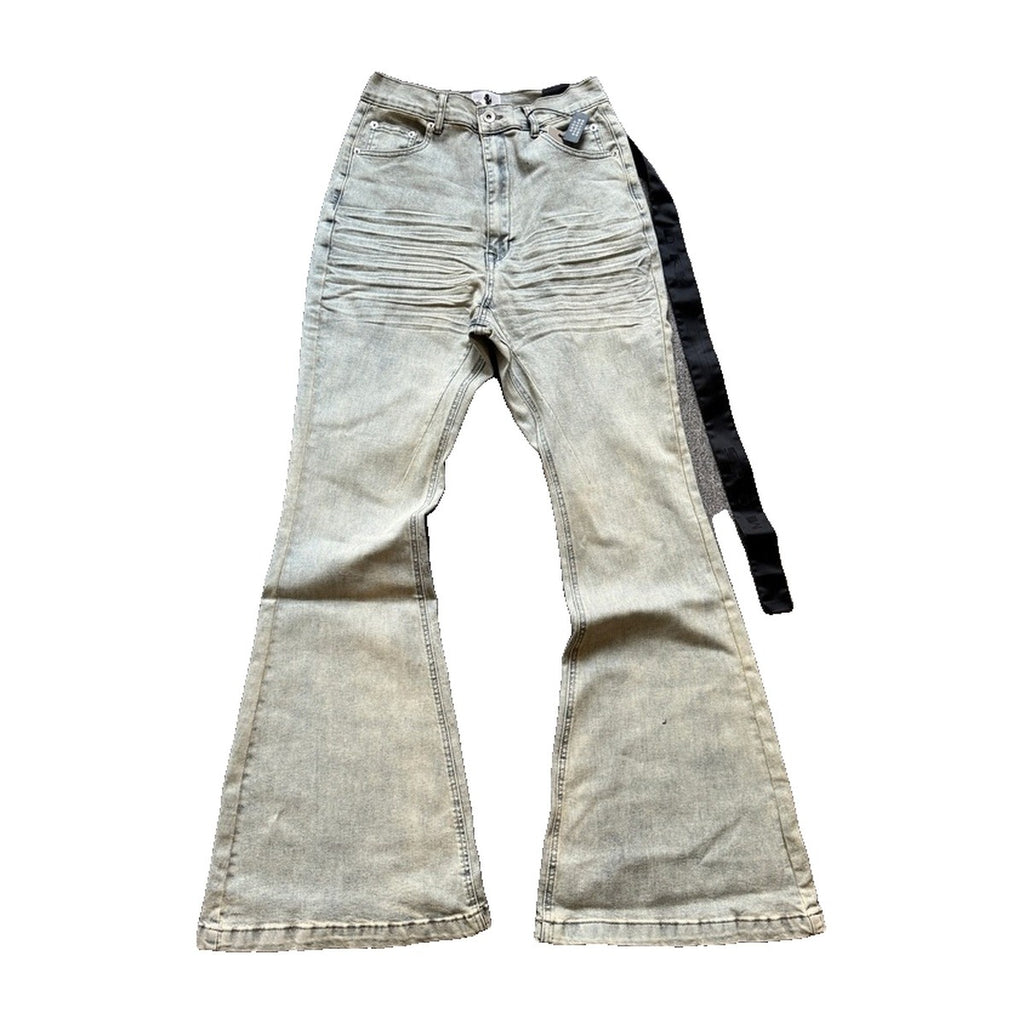 ‘GREY N’ flared jeans – light grey flared jeans, faded wash, black strap detail
