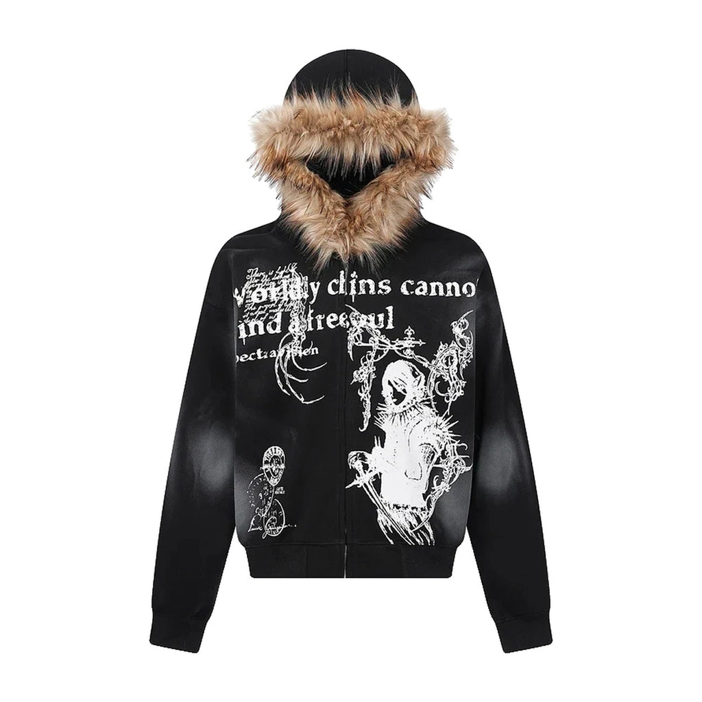 ‘HALO’ fur zip up – black zip hoodie, white gothic print, faux-fur hood