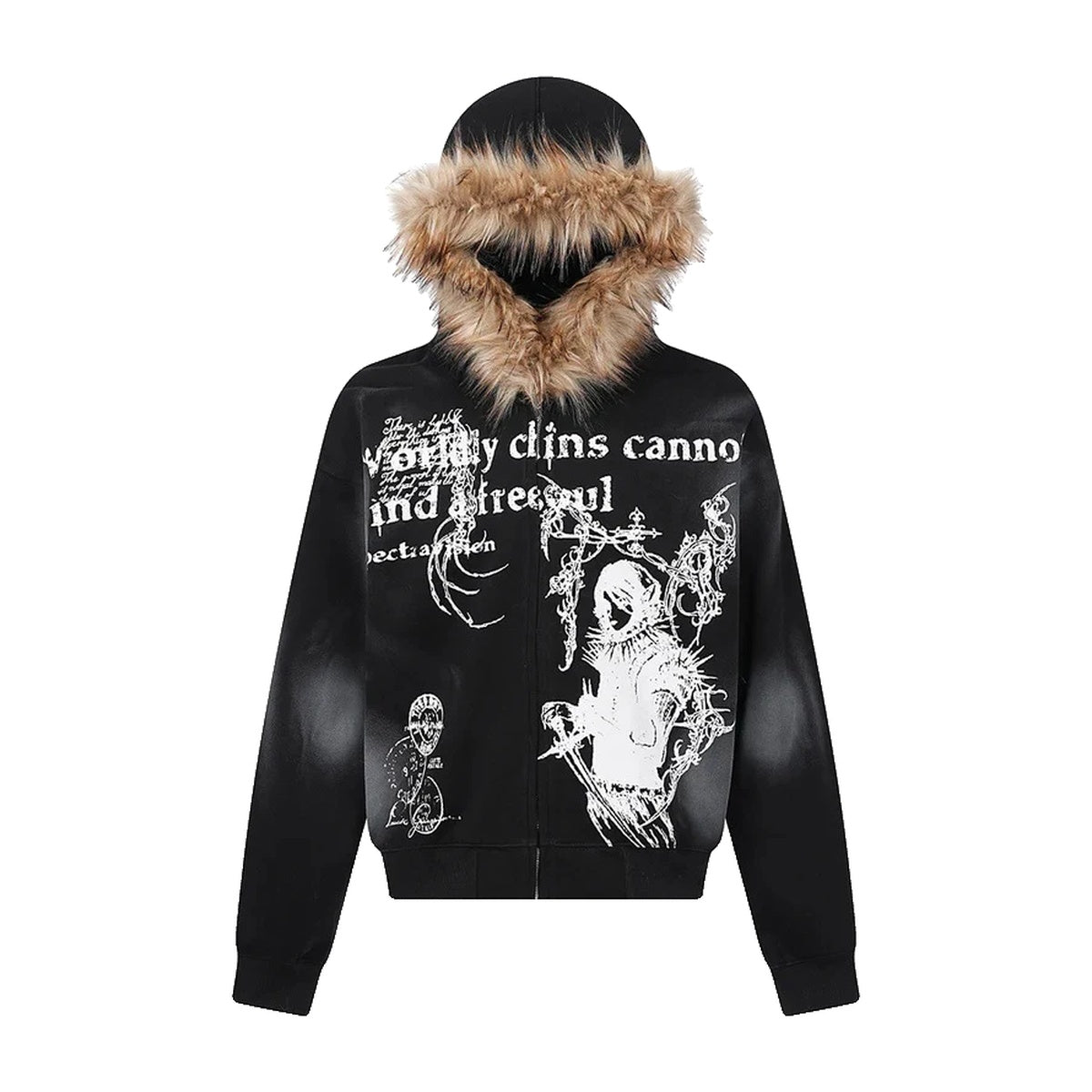 ‘HALO’ fur zip up – black zip hoodie, white gothic print, faux-fur hood