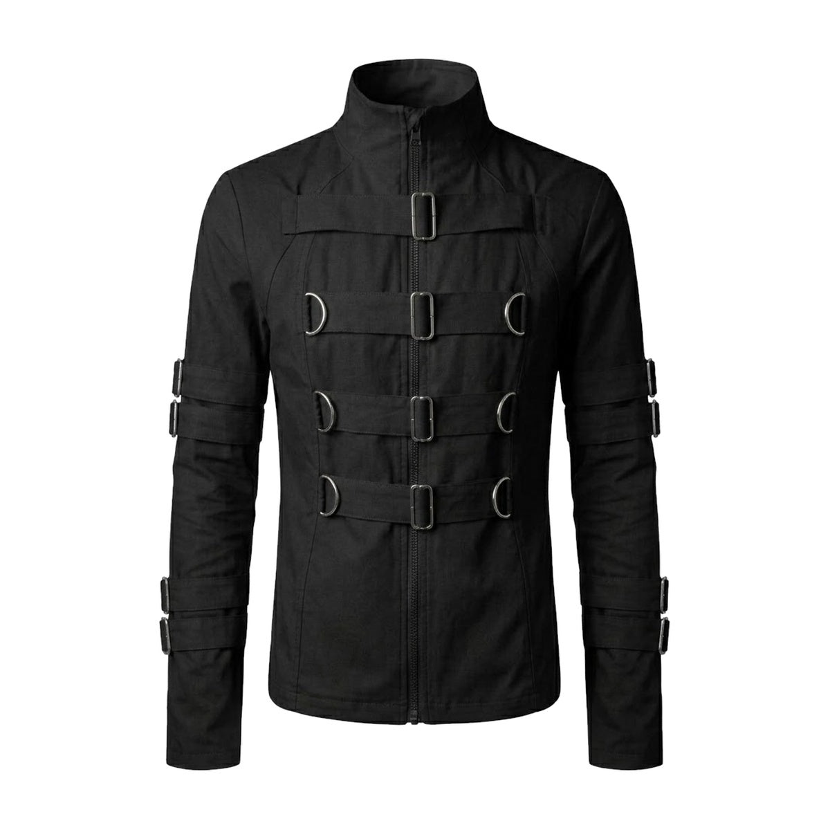 ‘HARNESS’ jacket – black stand-collar zip jacket, silver buckle straps on chest and sleeves