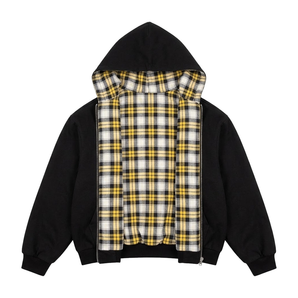 ‘HAZARD’ zip up – black reversible zip hoodie, yellow plaid flannel lining