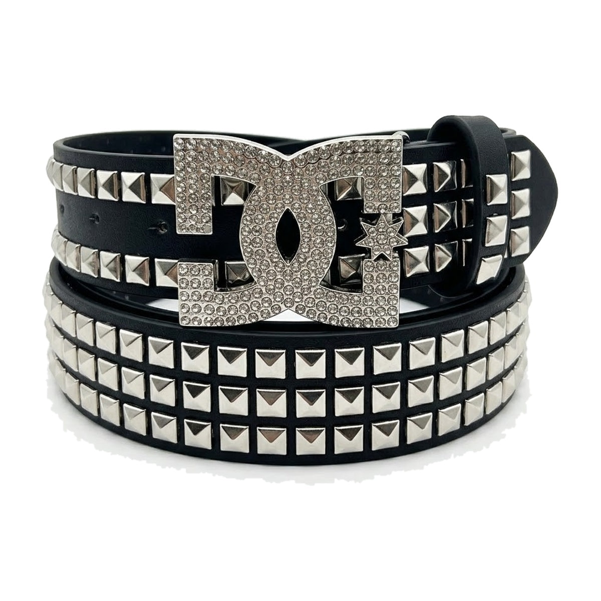 ‘HEIST’ belt – black leather belt, silver pyramid studs, rhinestone buckle