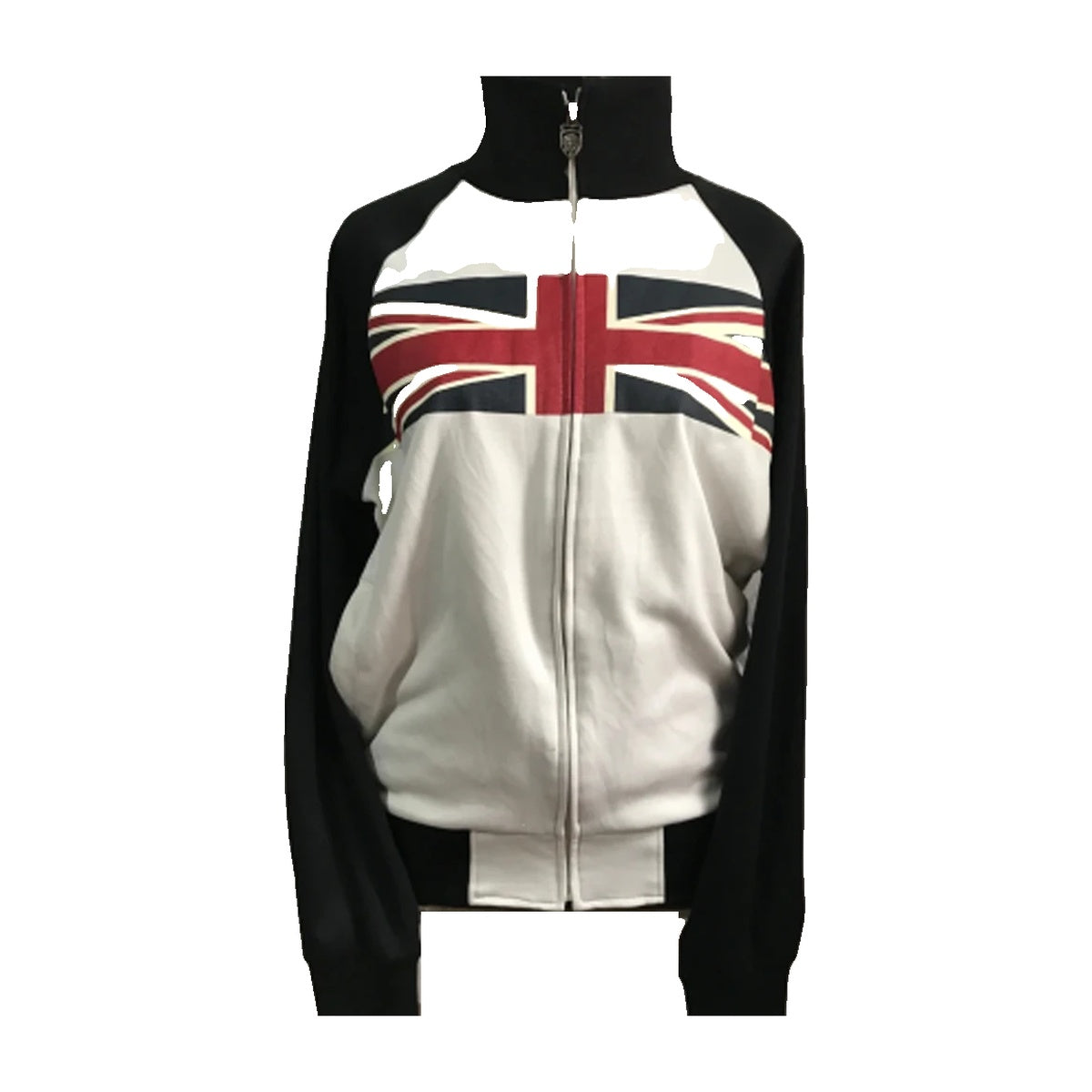 ‘HOOLIGAN’ track jacket – white and black raglan track jacket, Union Jack chest band