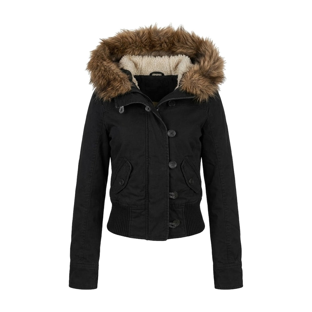 ‘HUSKY’ parka – black cropped cotton parka, sherpa-lined hood, faux-fur trim