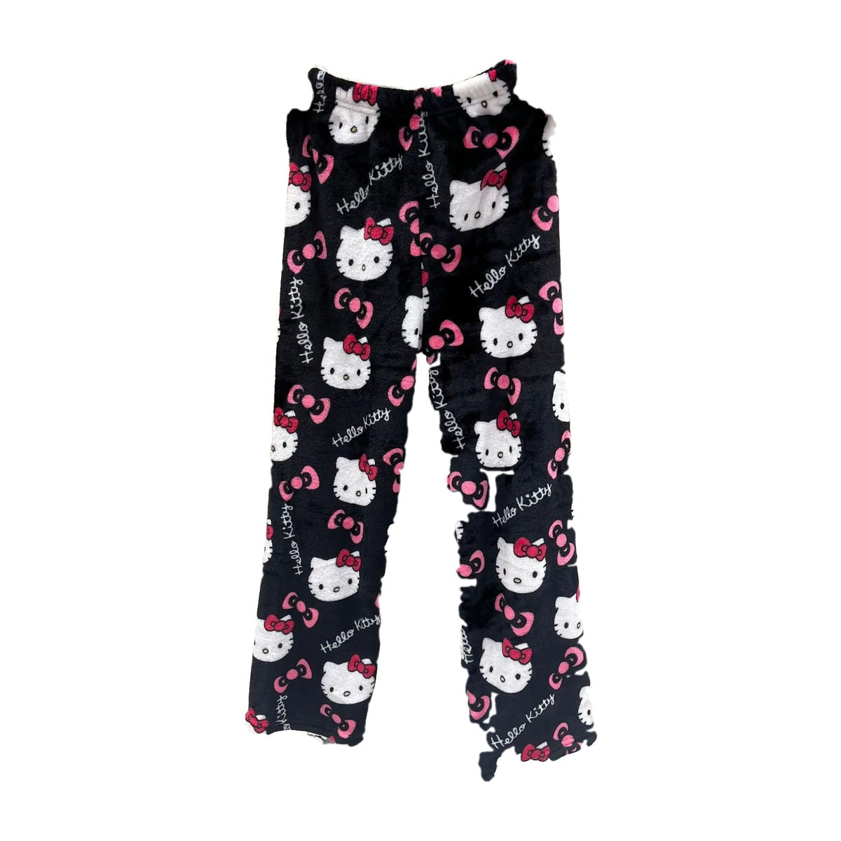 ‘INSOMNIA’ pj pants – black flannel wide-leg pajama pants, cartoon cat print