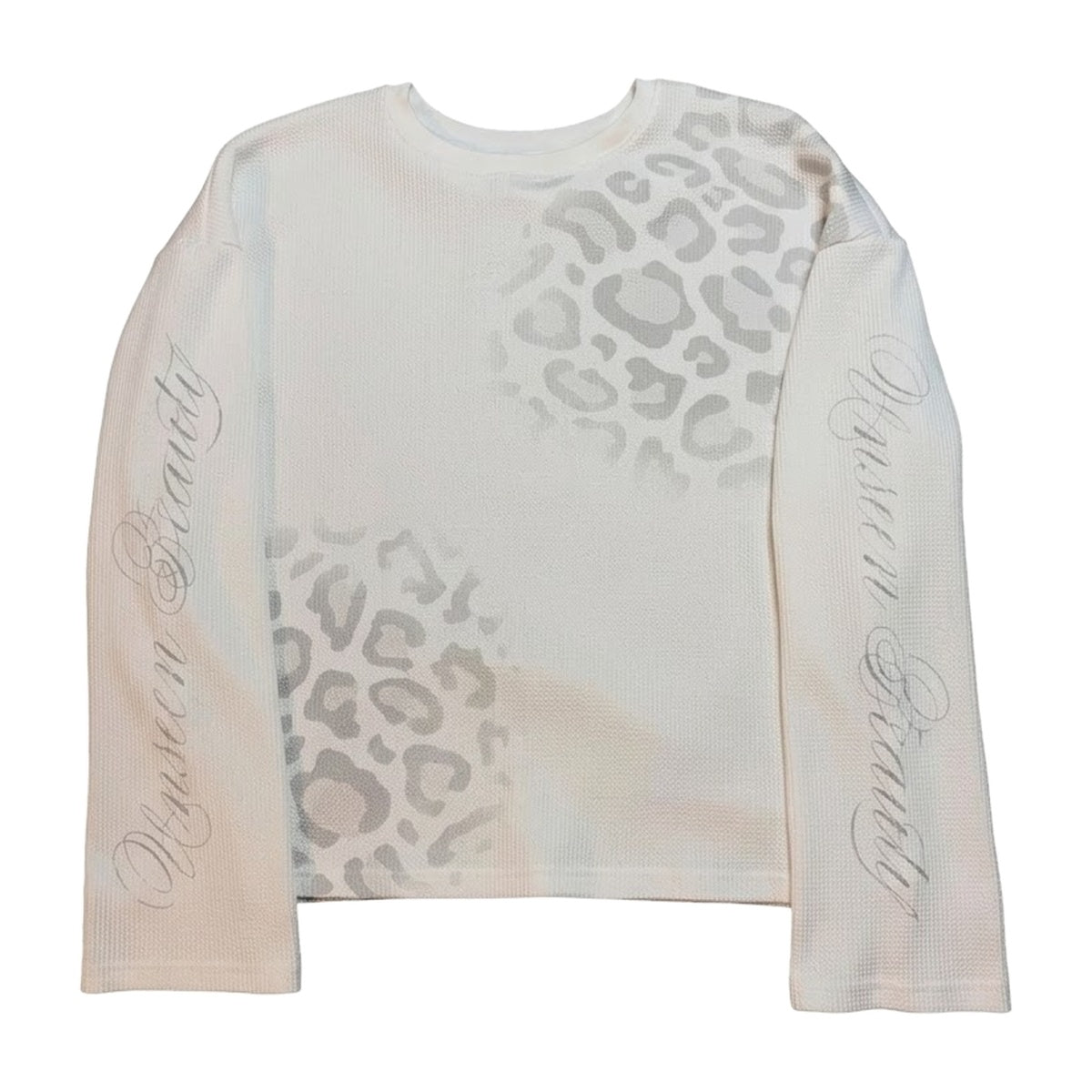 ‘IRBIS’ longsleeve – white waffle-knit longsleeve, grey leopard print patches