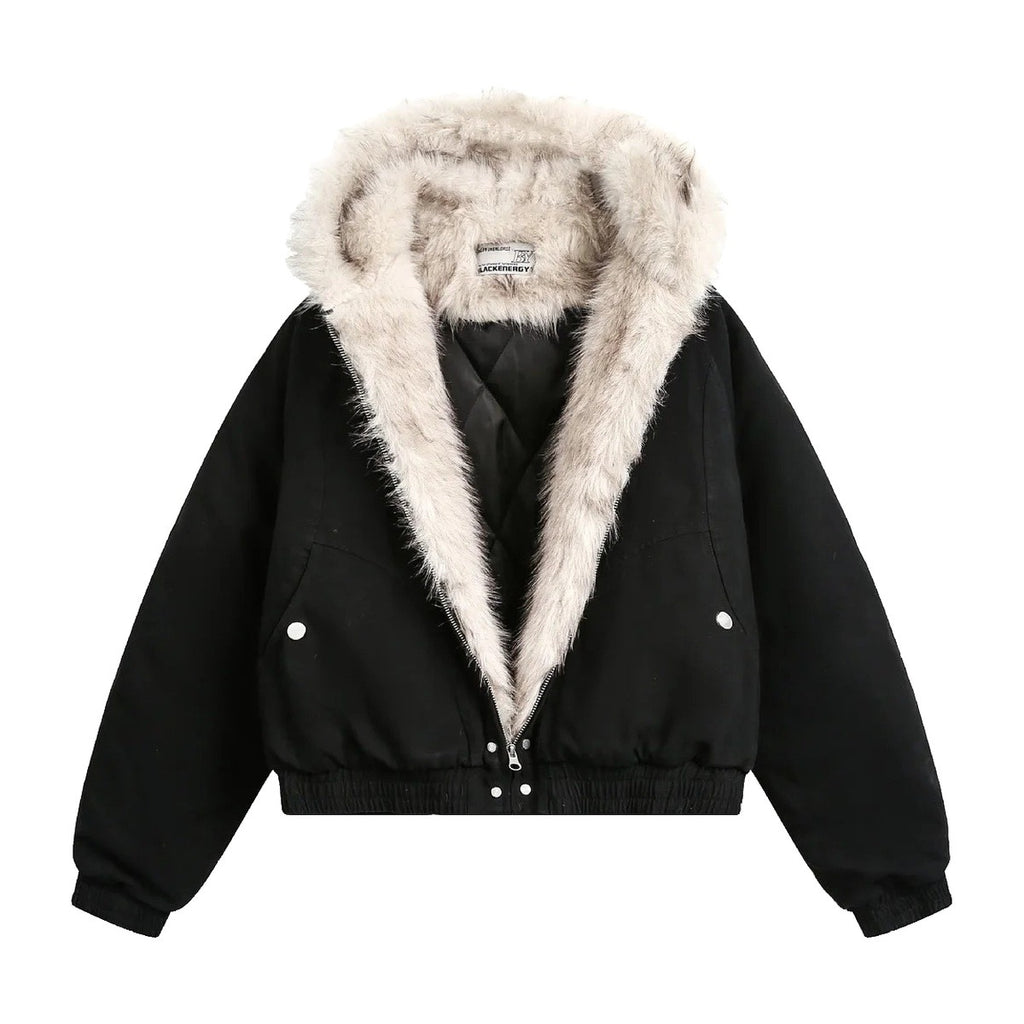 ‘LEOPARD’ bomber jacket – black bomber jacket, cream faux-fur collar and lining