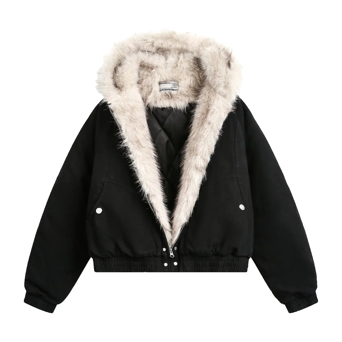 ‘LEOPARD’ bomber jacket – black bomber jacket, cream faux-fur collar and lining
