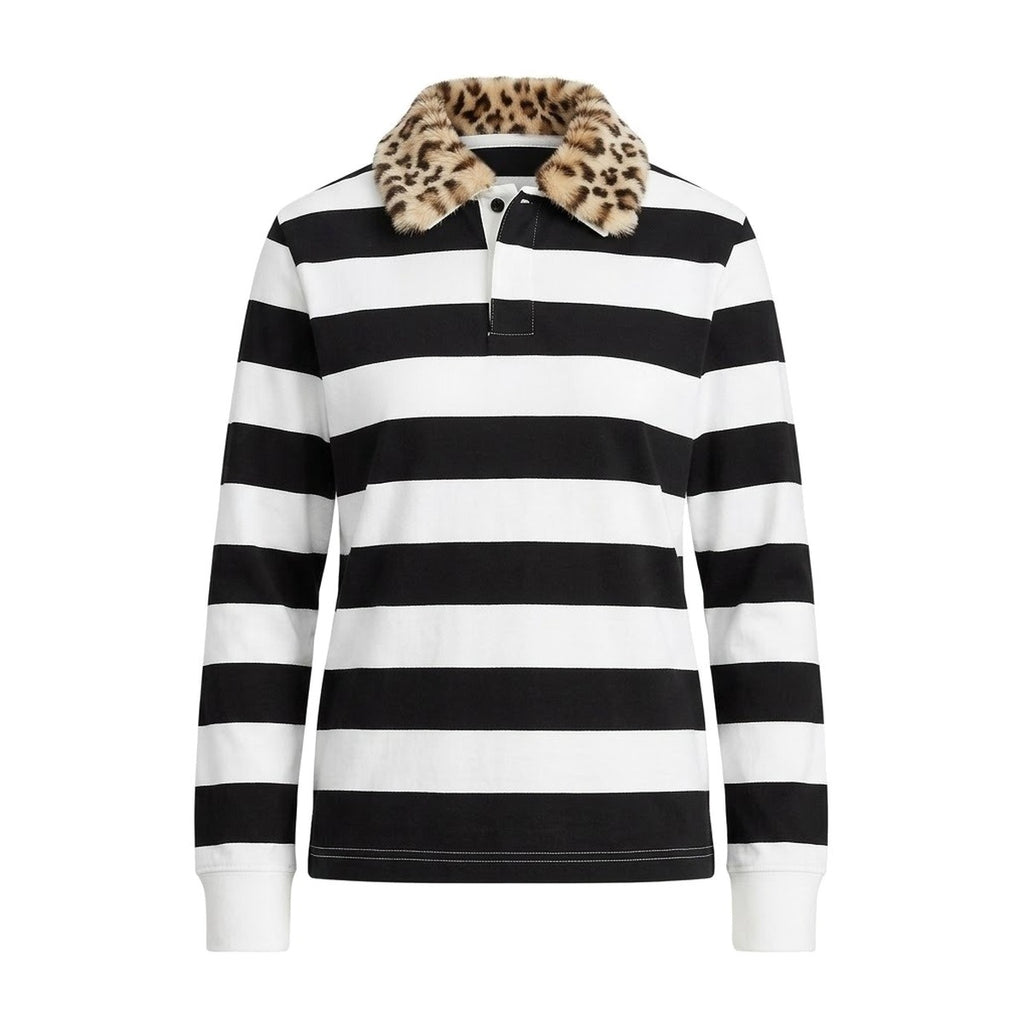 ‘LEOPARD’ striped top – black and white striped top, leopard faux-fur collar