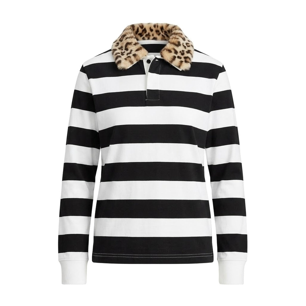 ‘LEOPARD’ striped top – black and white striped top, leopard faux-fur collar