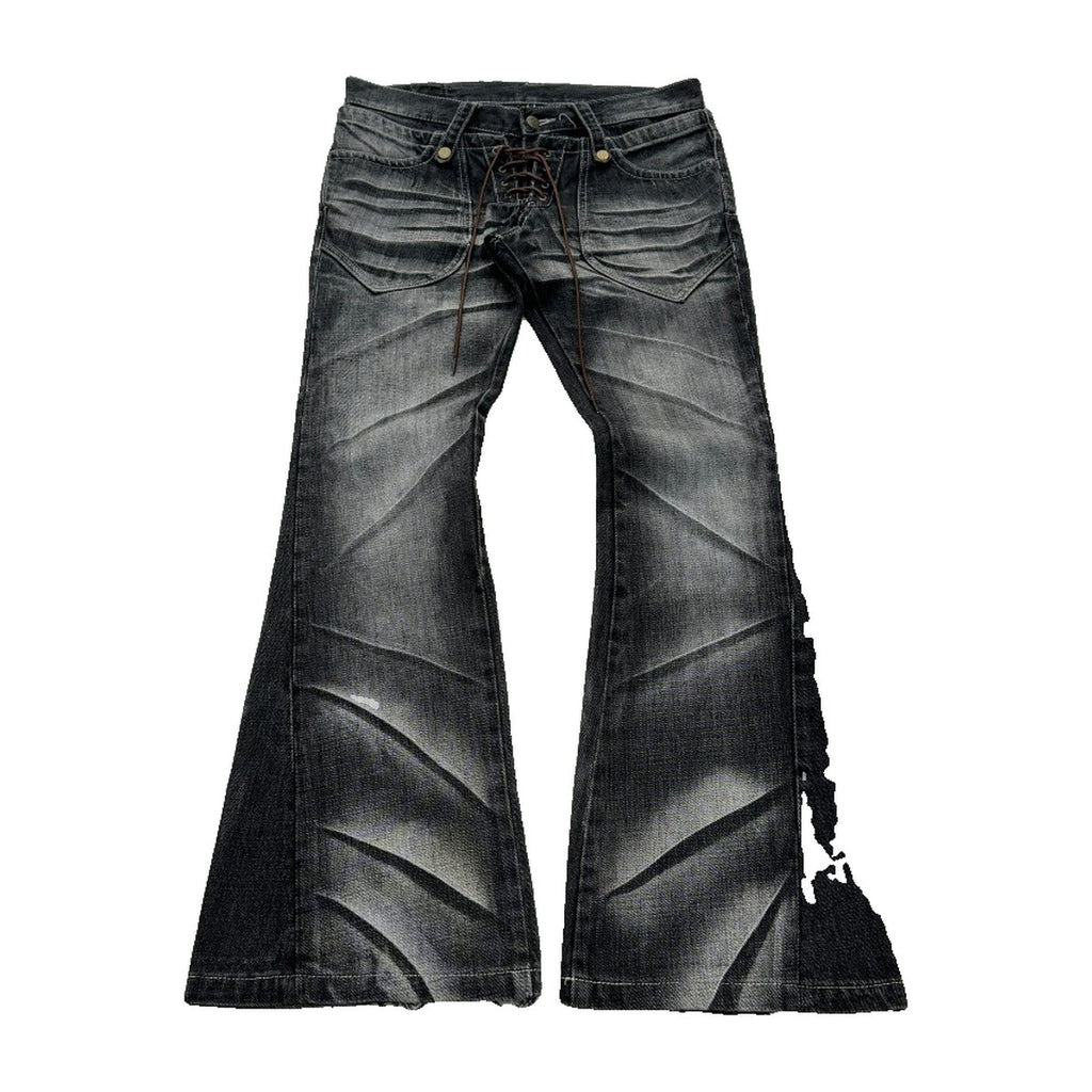 ‘LXCED’ flared jeans – washed black flared jeans, lace-up front, crinkle wash