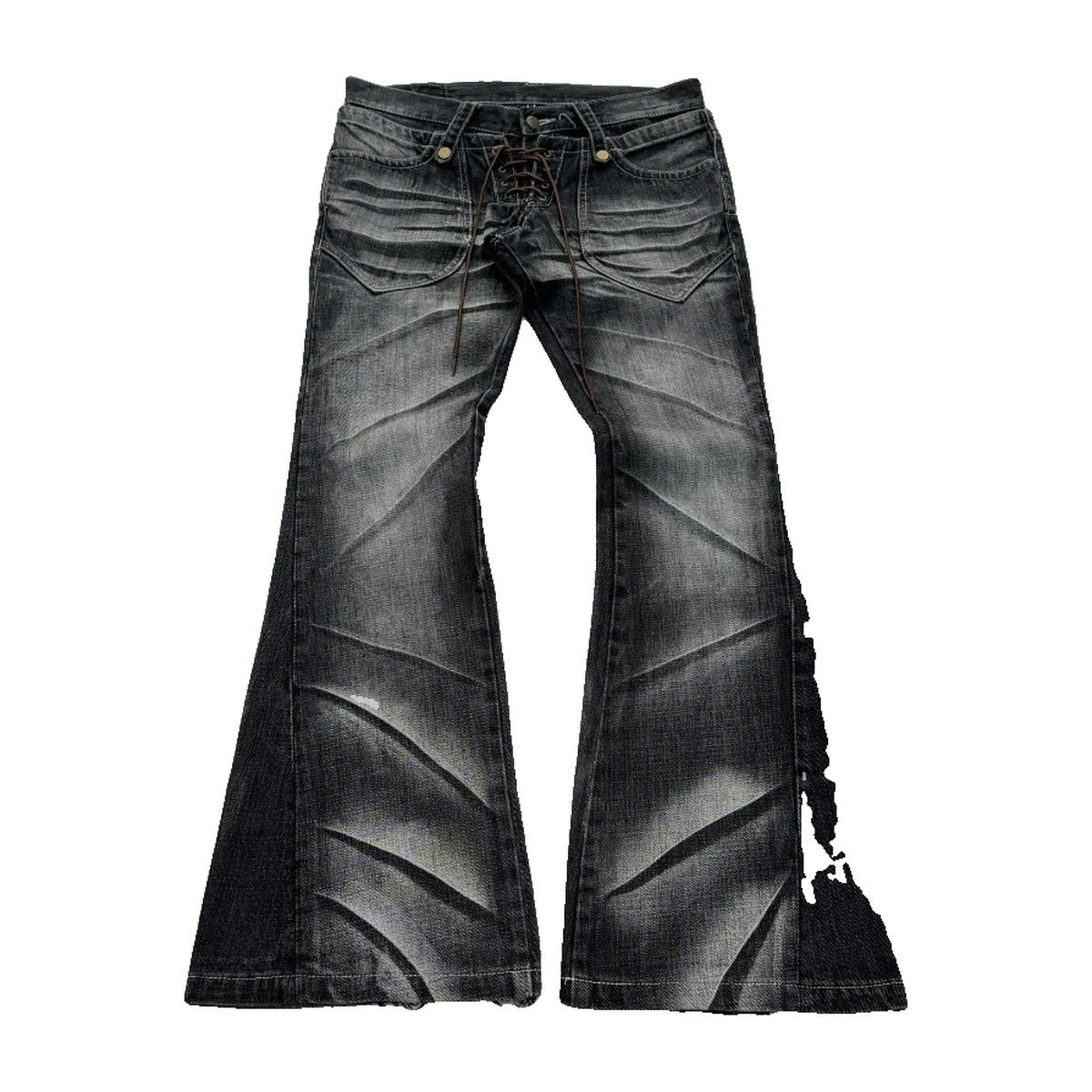 ‘LXCED’ flared jeans – washed black flared jeans, lace-up front, crinkle wash