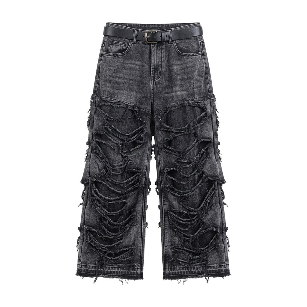 ‘LXST SOULS’ jeans – washed black jeans, shredded all over, wide leg