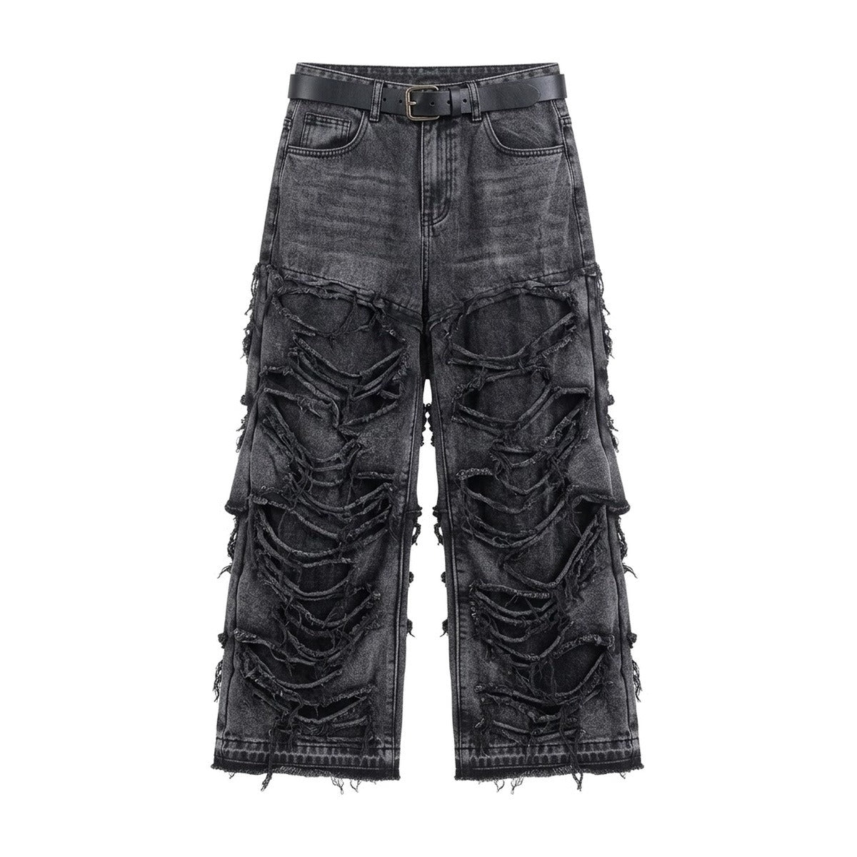 ‘LXST SOULS’ jeans – washed black jeans, shredded all over, wide leg