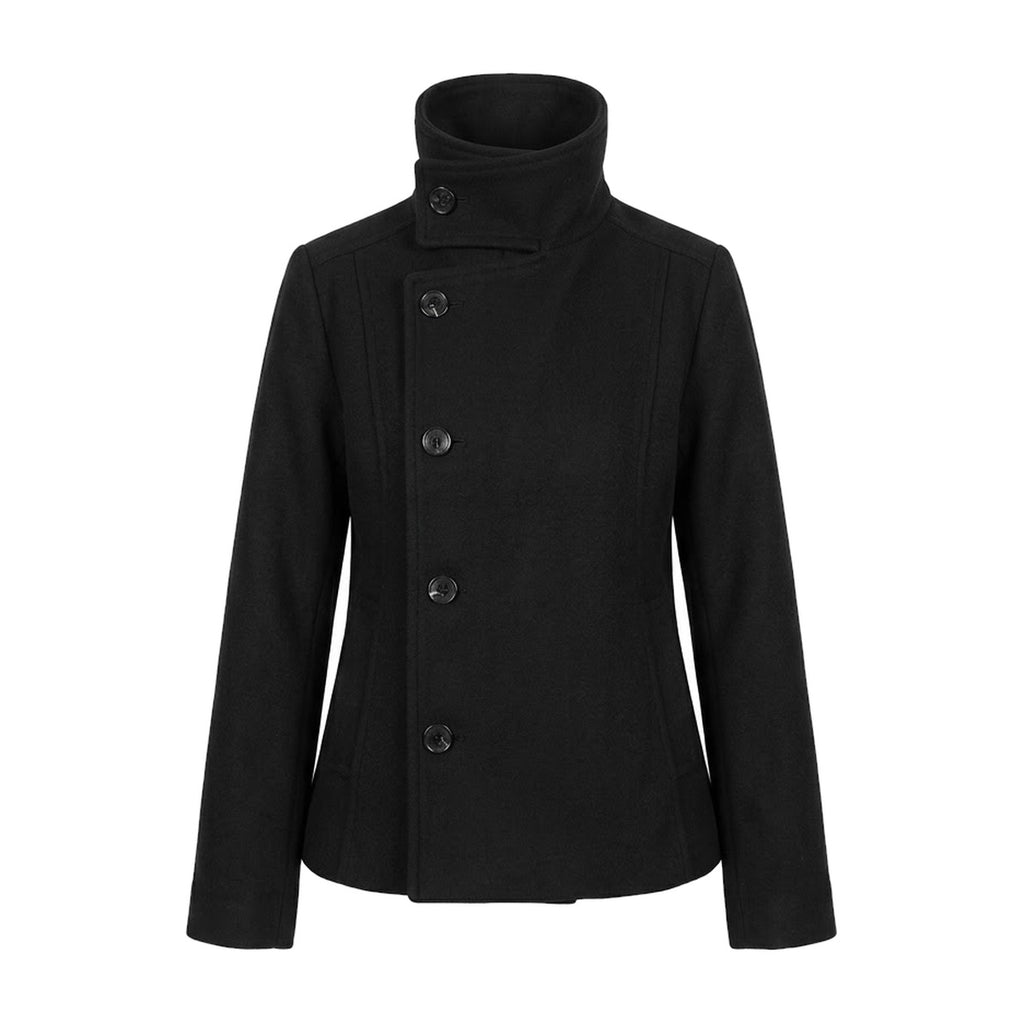 ‘MONOLITH’ coat – black short wool coat, funnel turtleneck collar