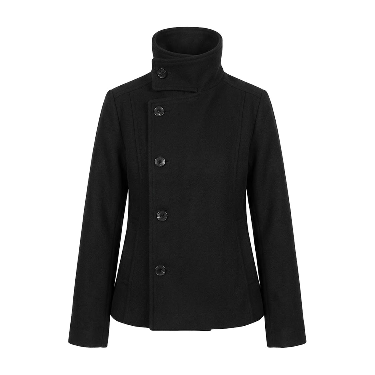 ‘MONOLITH’ coat – black short wool coat, funnel turtleneck collar