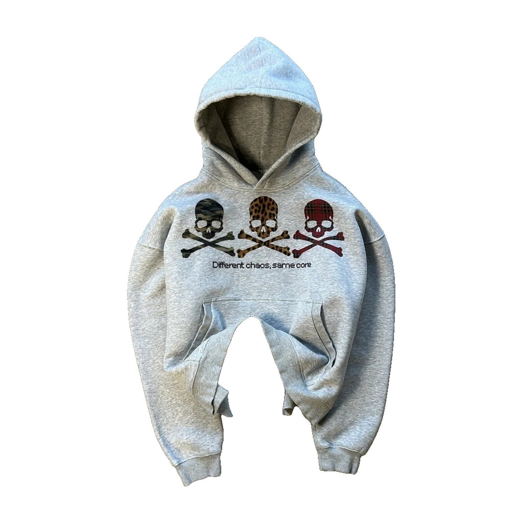 ‘MUTINY’ hoodie – grey pullover hoodie, triple skull and crossbones print