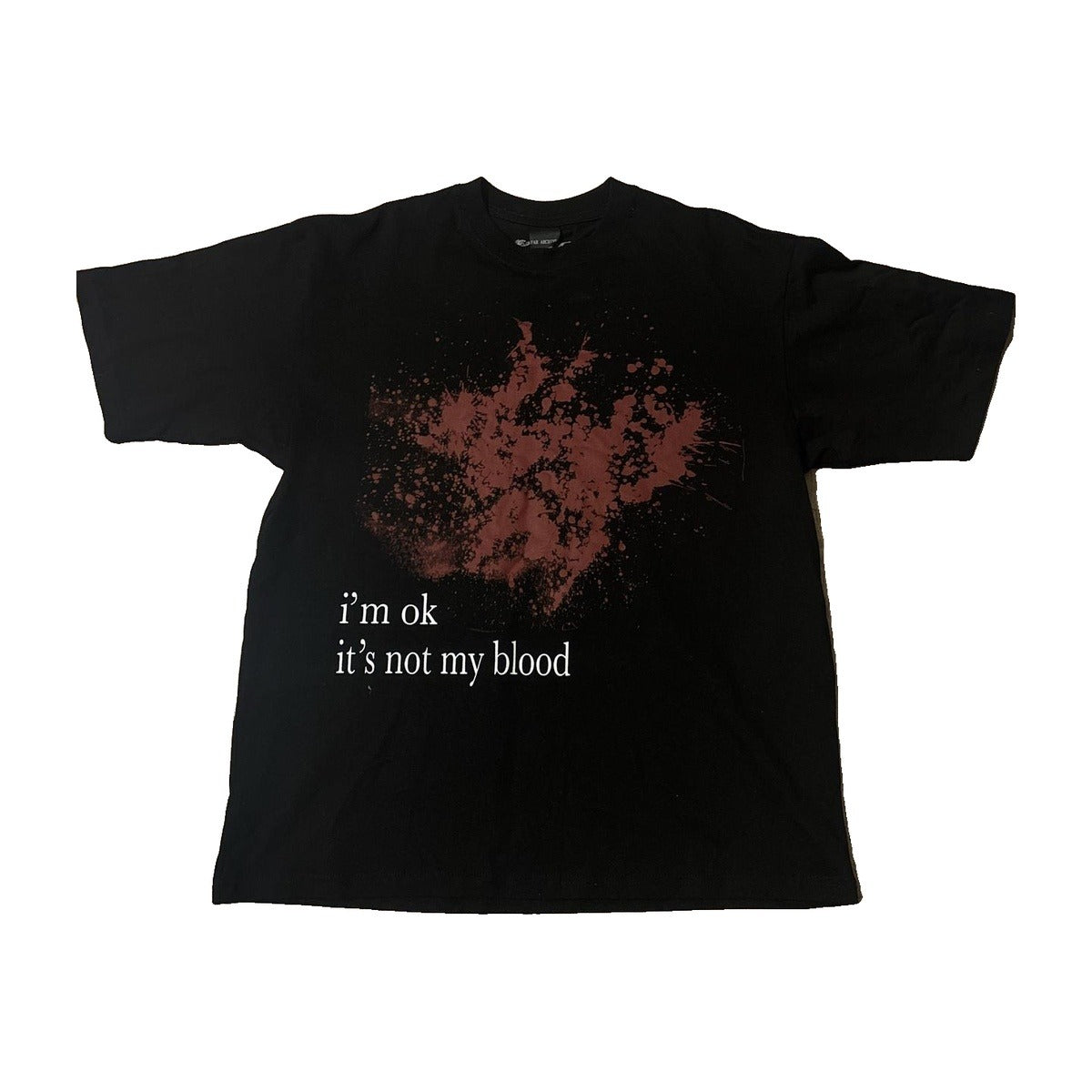 ‘NOT MY BLOOD’ T-shirt – black T-shirt, blood-splatter print, i’m ok, it’s not my blood