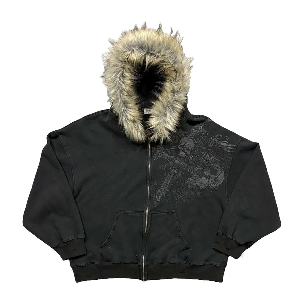 ‘OMEN’ fur zip up – washed black zip hoodie, tonal skull and wings print, faux-fur hood