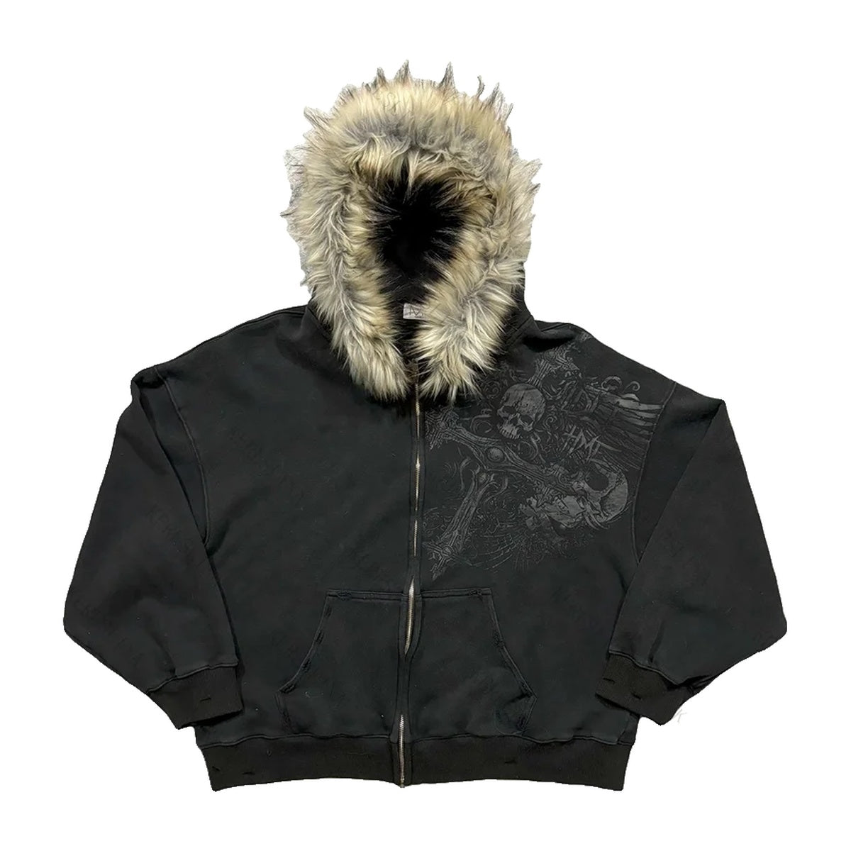 ‘OMEN’ fur zip up – washed black zip hoodie, tonal skull and wings print, faux-fur hood
