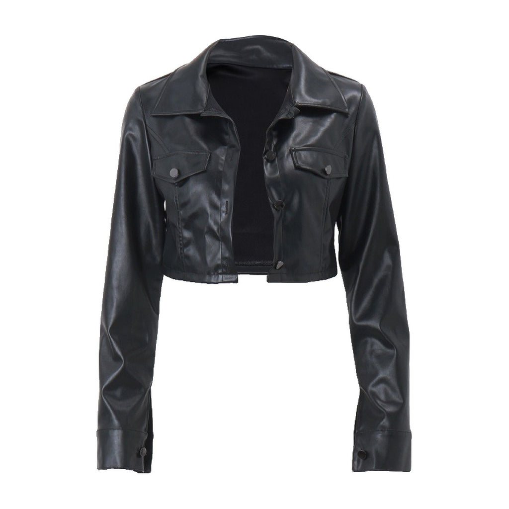 ‘ONYX’ cropped jacket – black cropped jacket, faux leather, flap chest pockets