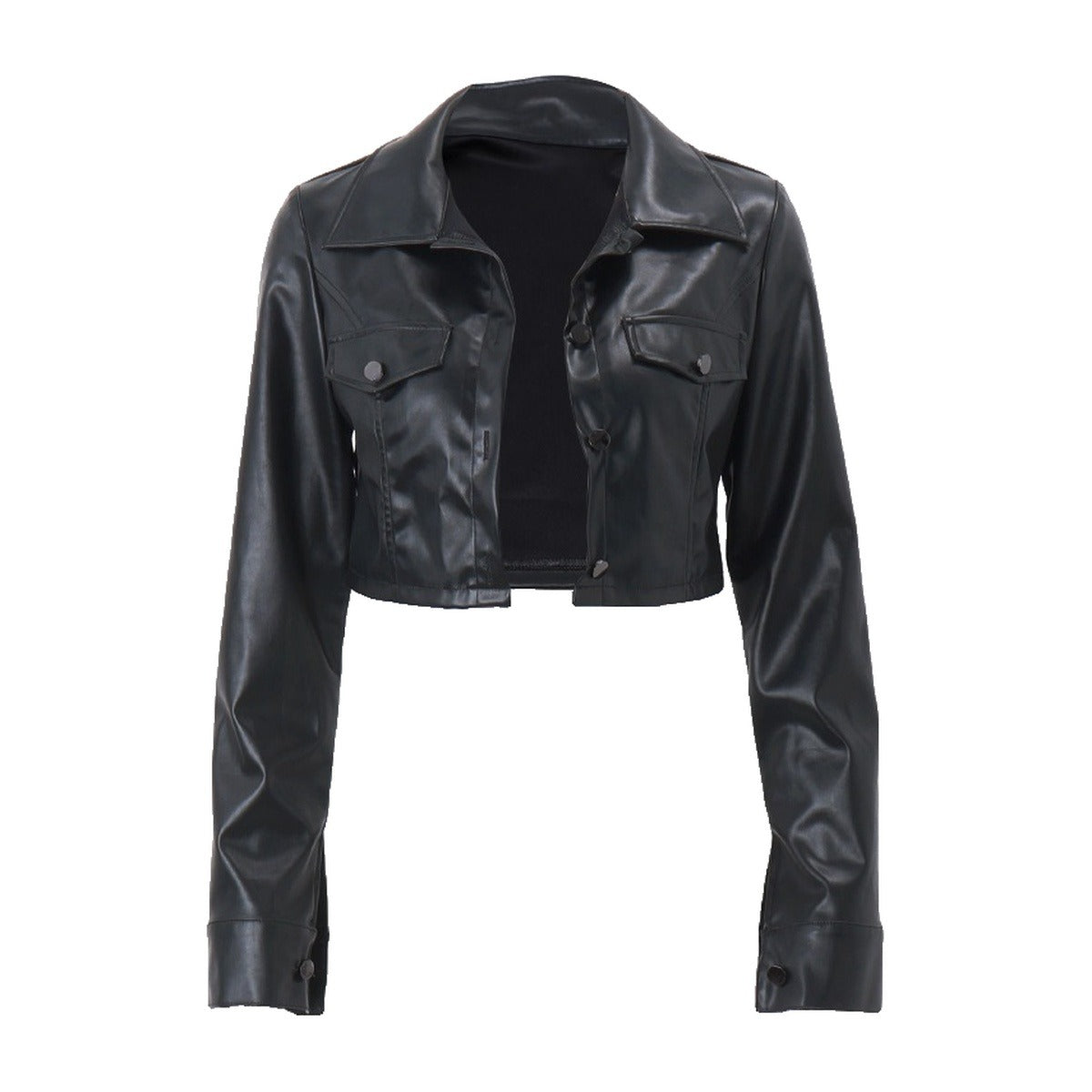 ‘ONYX’ cropped jacket – black cropped jacket, faux leather, flap chest pockets