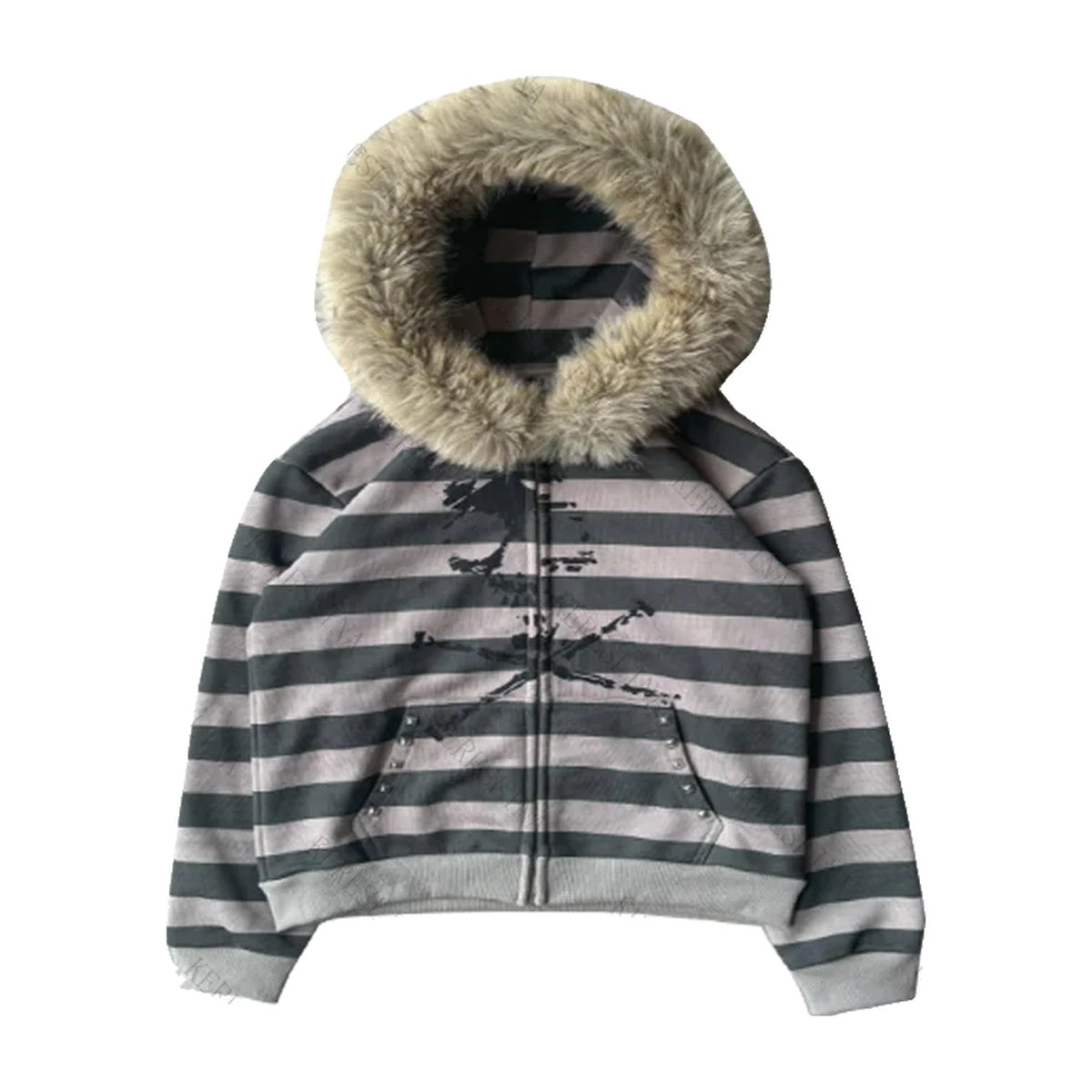 ‘PAROLE’ fur zip up – grey and blush striped zip hoodie, skull print, faux-fur hood