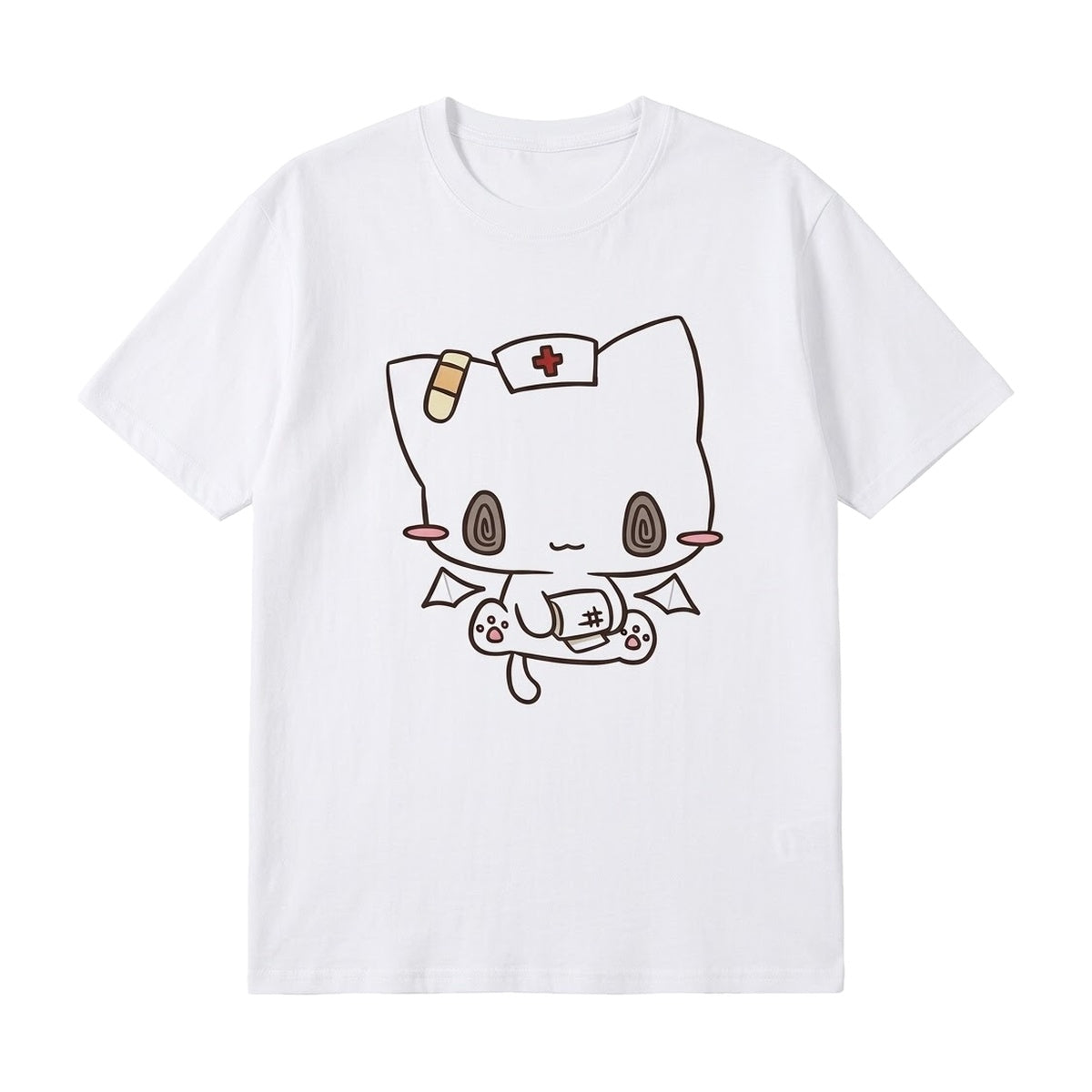 ‘PLACEBO’ tee – white tee, nurse cartoon cat print