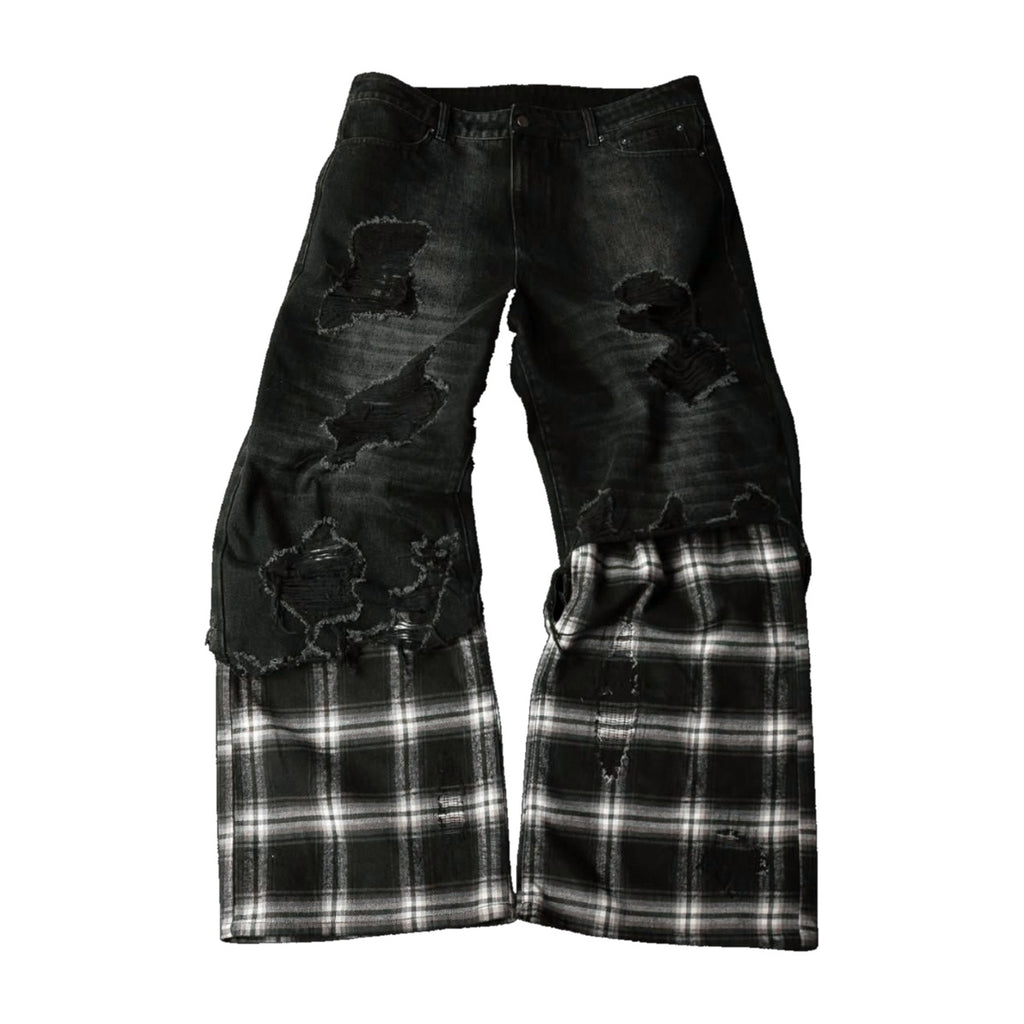 ‘PLAID’ flared jeans – washed black and plaid flared jeans, plaid lower legs, ripped patches
