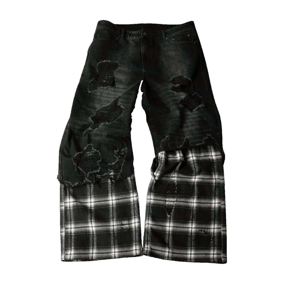 ‘PLAID’ flared jeans – washed black and plaid flared jeans, plaid lower legs, ripped patches