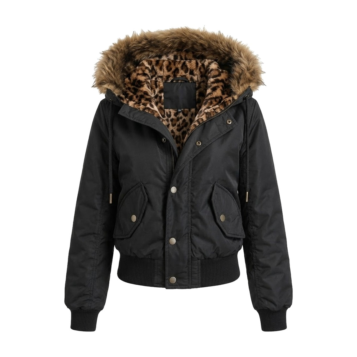 ‘POACHER’ bomber – black bomber jacket, leopard faux-fur lined hood