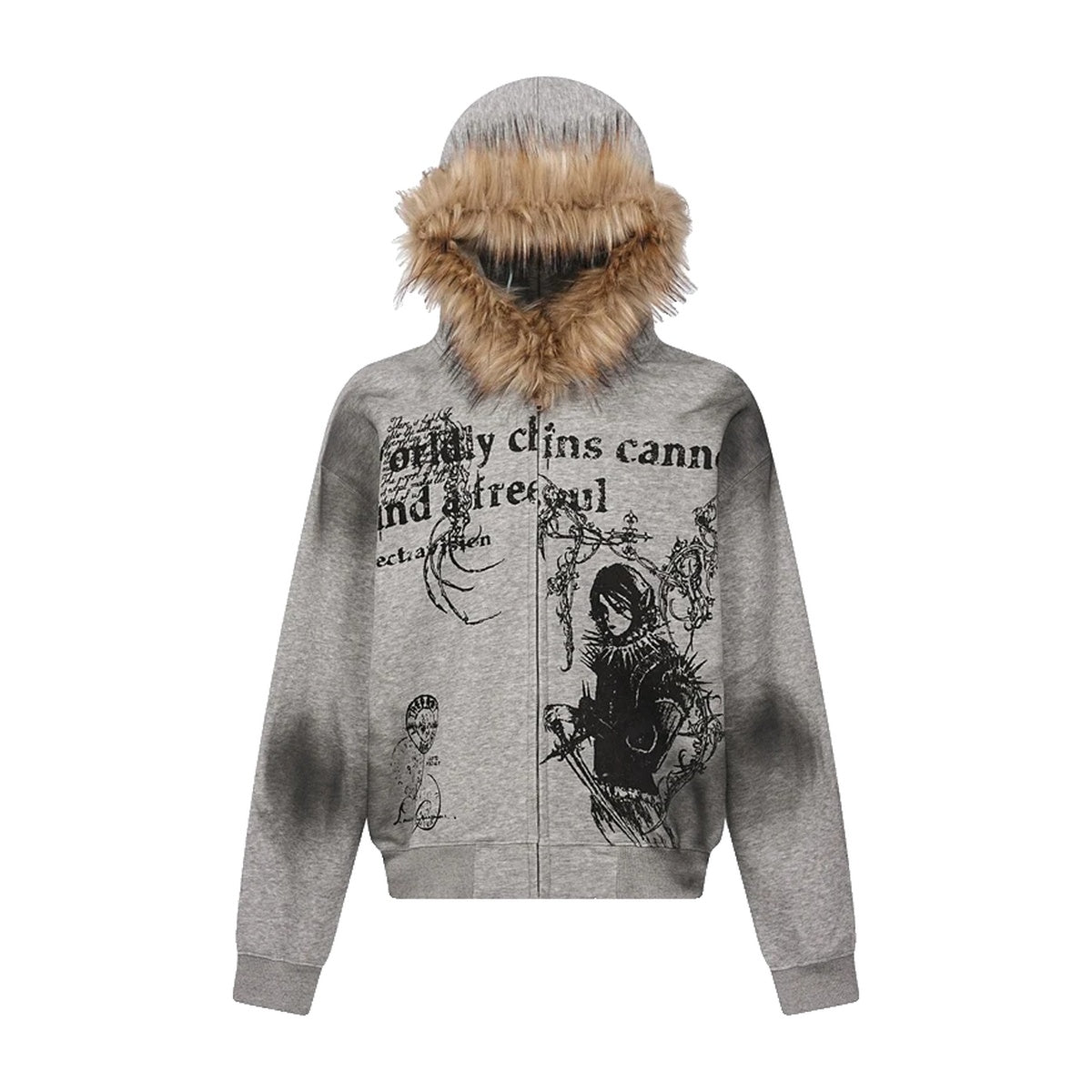 ‘PSALM’ fur zip up – grey zip hoodie, gothic script and figure print, faux-fur hood