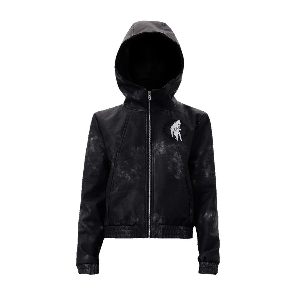 ‘R4VEN’ hooded jacket – black hooded jacket, marbled faux leather, white horse emblem
