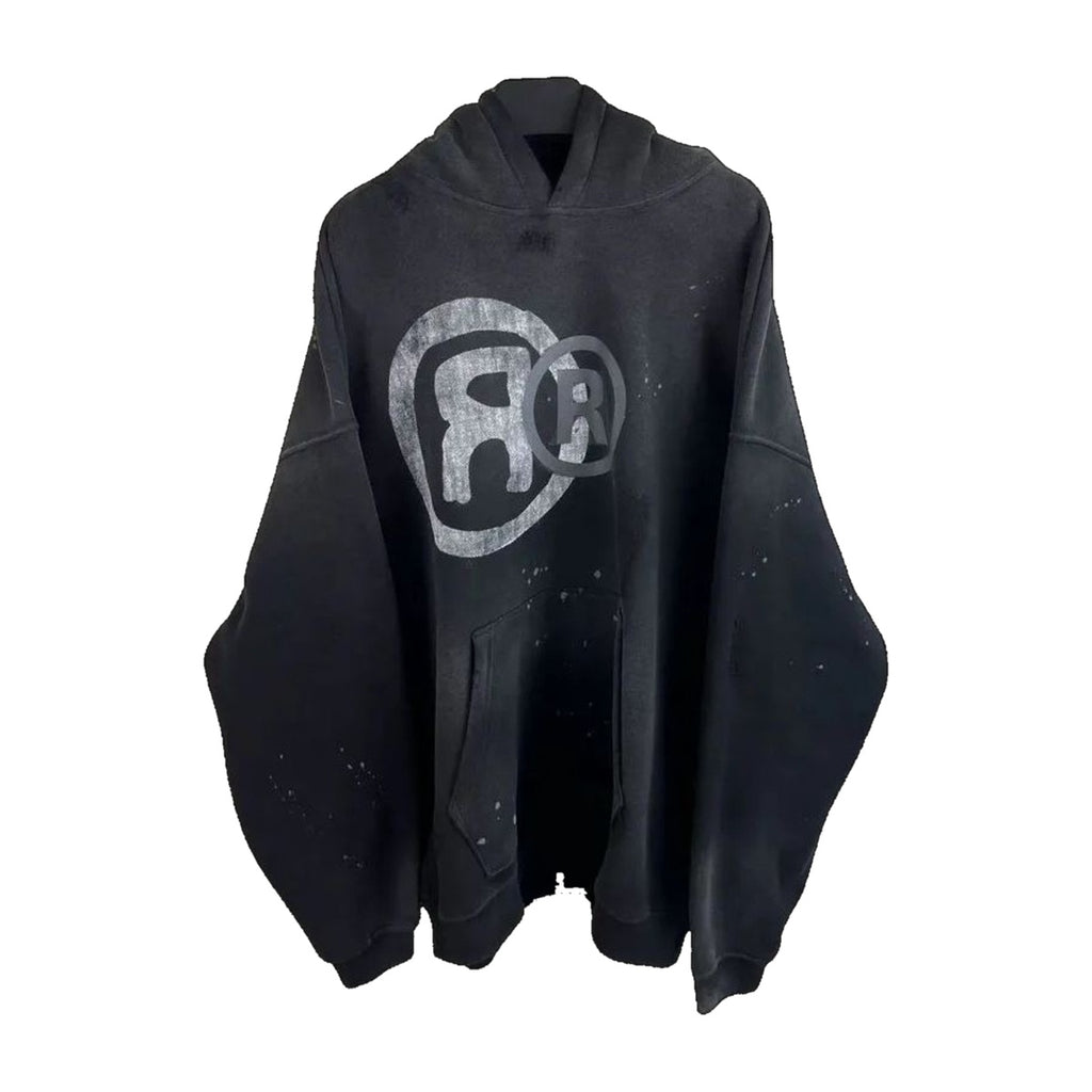 ‘RATED’ hoodie – washed black hoodie, large R circle logo, paint speckles