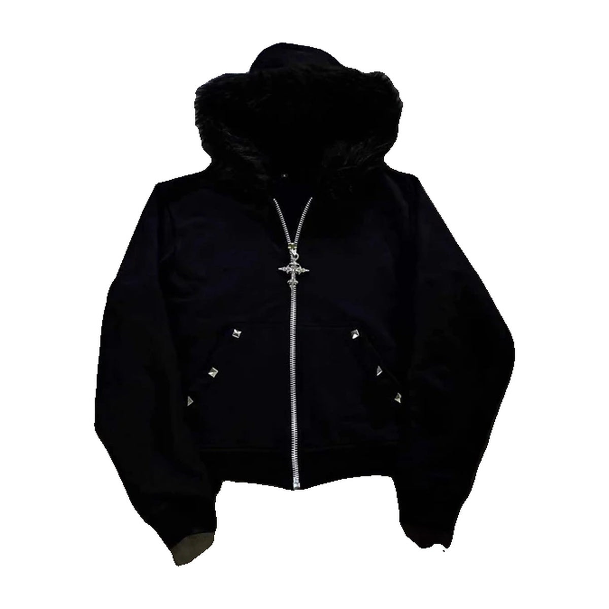 ‘RAVEN’ fur zip up – black zip jacket, black faux-fur hood, silver studs