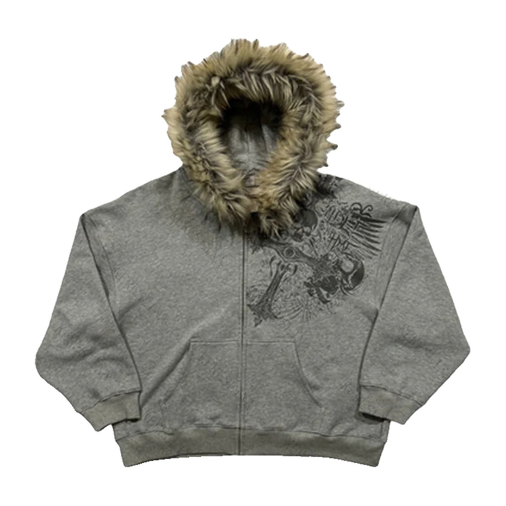 ‘REAPER’ fur zip up – grey zip hoodie, skull and winged sword print, faux-fur hood