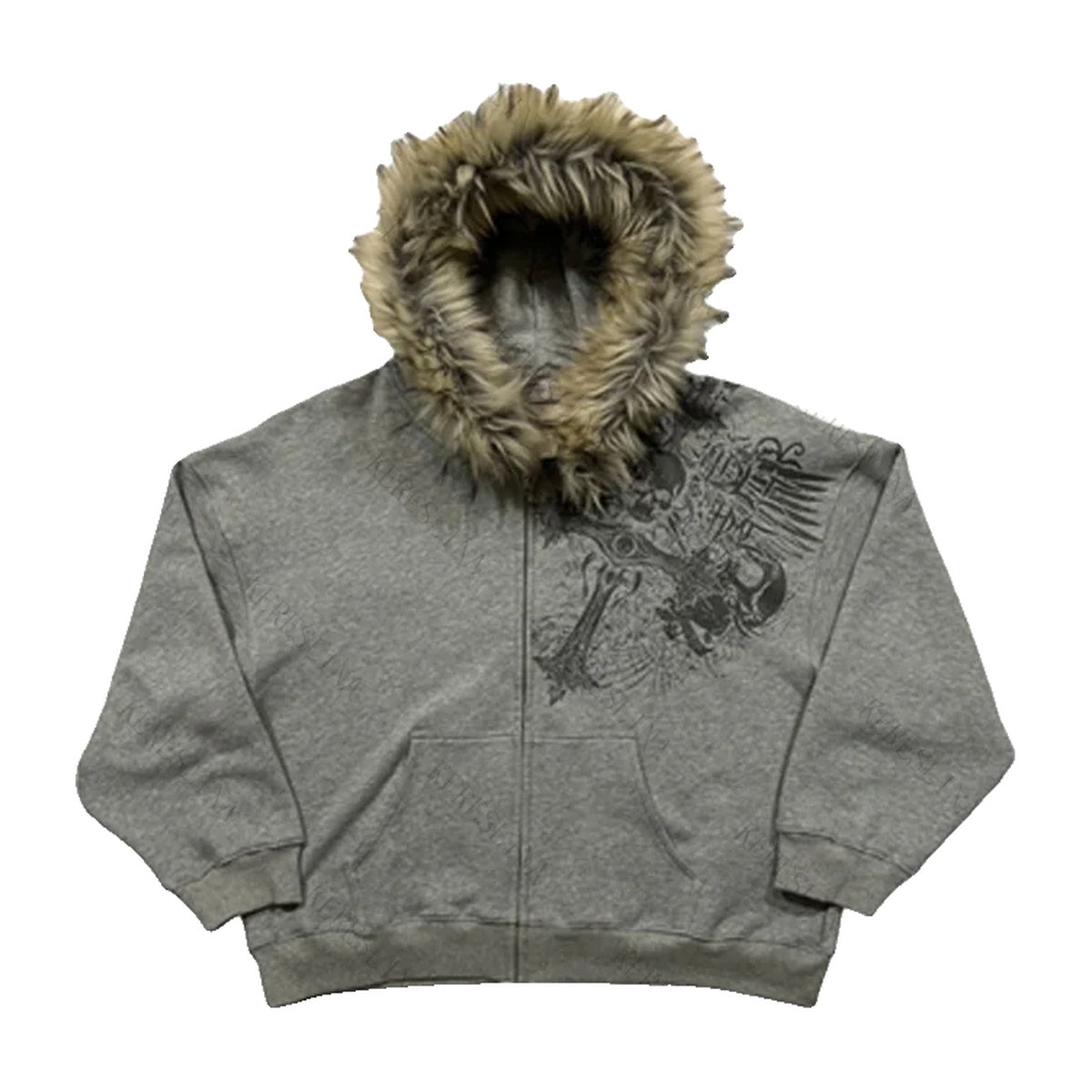 ‘REAPER’ fur zip up – grey zip hoodie, skull and winged sword print, faux-fur hood