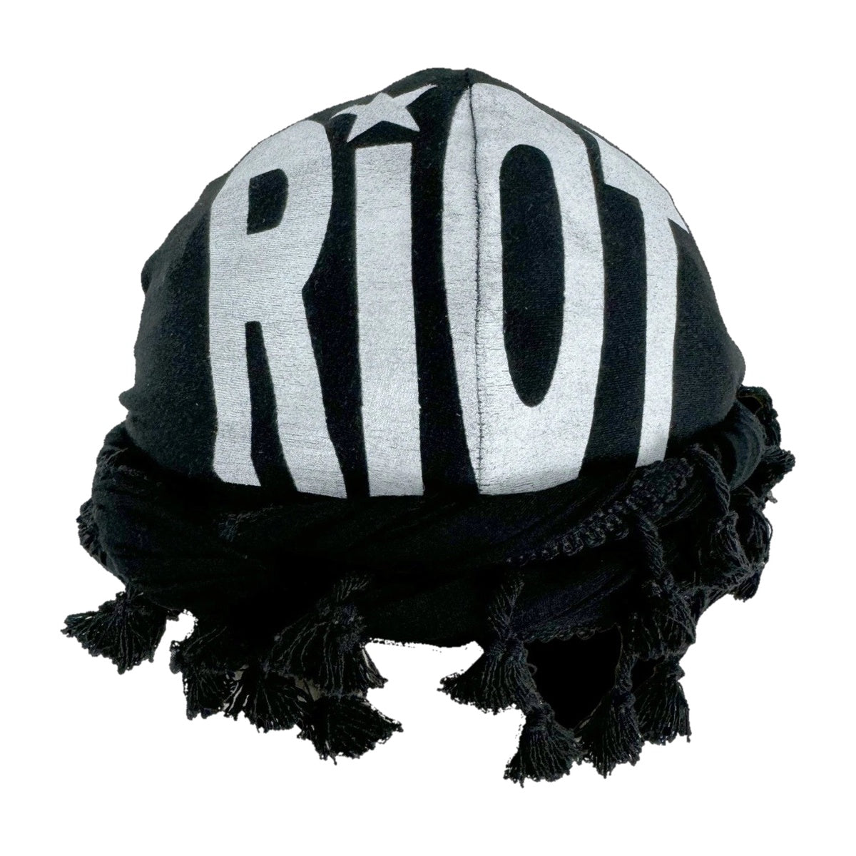 ‘RIOT’ beanie – black beanie, white RIOT print, knotted fringe