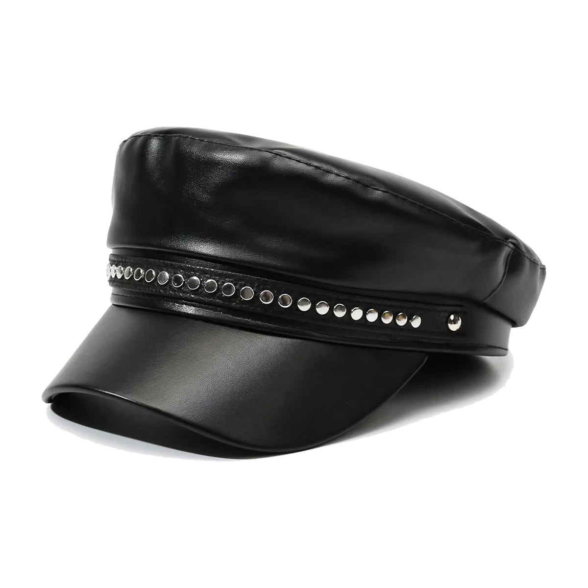 ‘RIVET’ cap – black faux-leather baker boy cap, rhinestone stud band