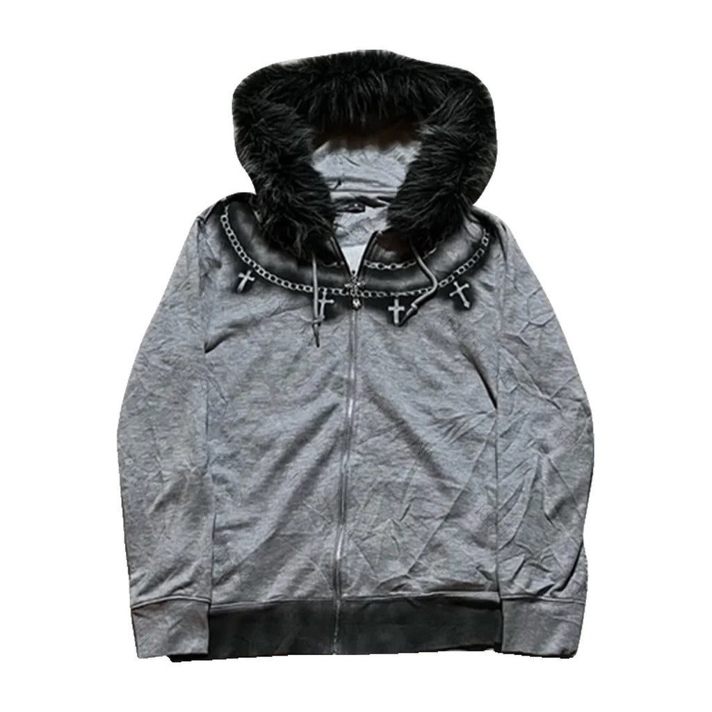 ‘ROSARY’ fur zip up – grey zip hoodie, chain and cross collar, black faux-fur hood