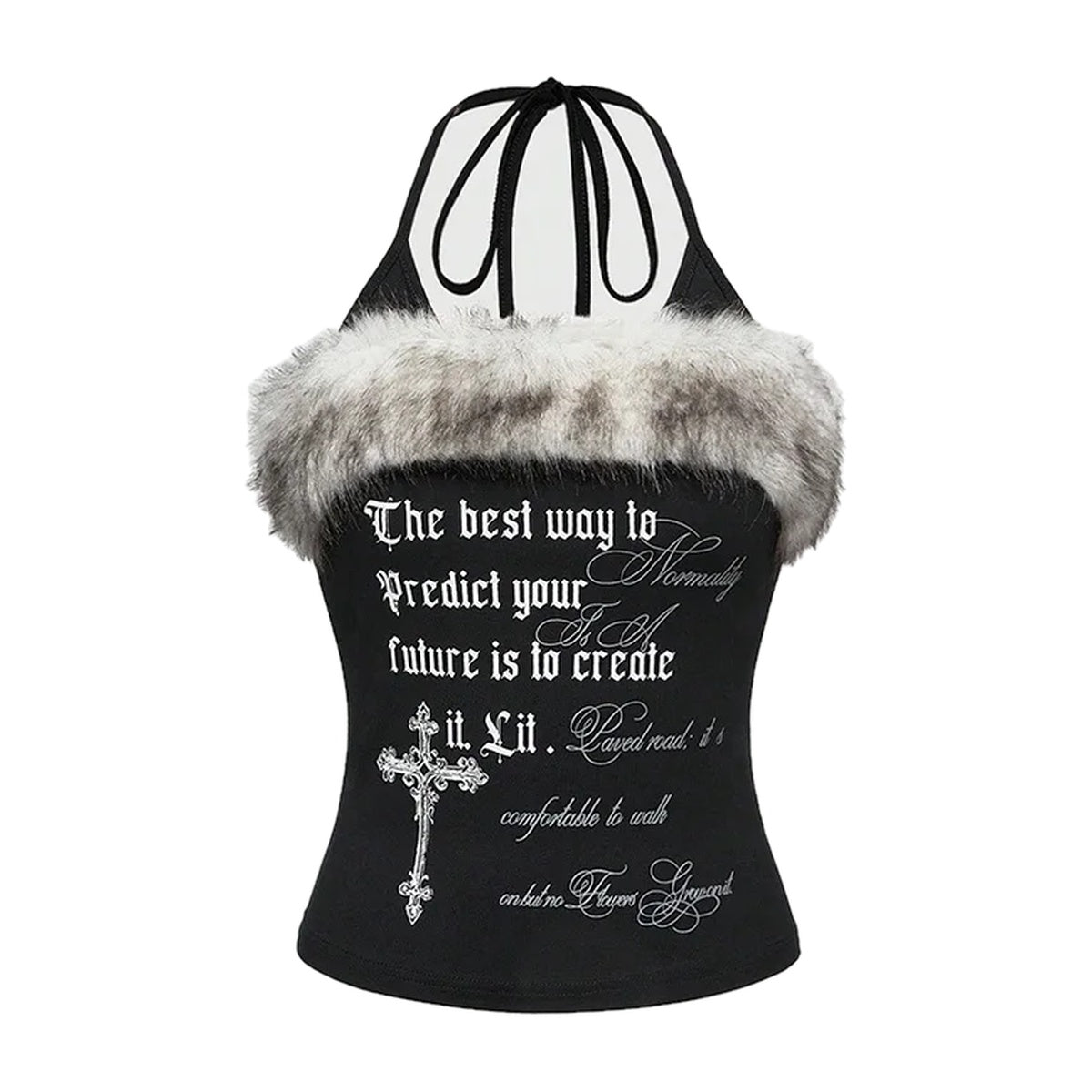 ‘SEANCE’ cami – black halter cami, faux-fur trim, script and cross print