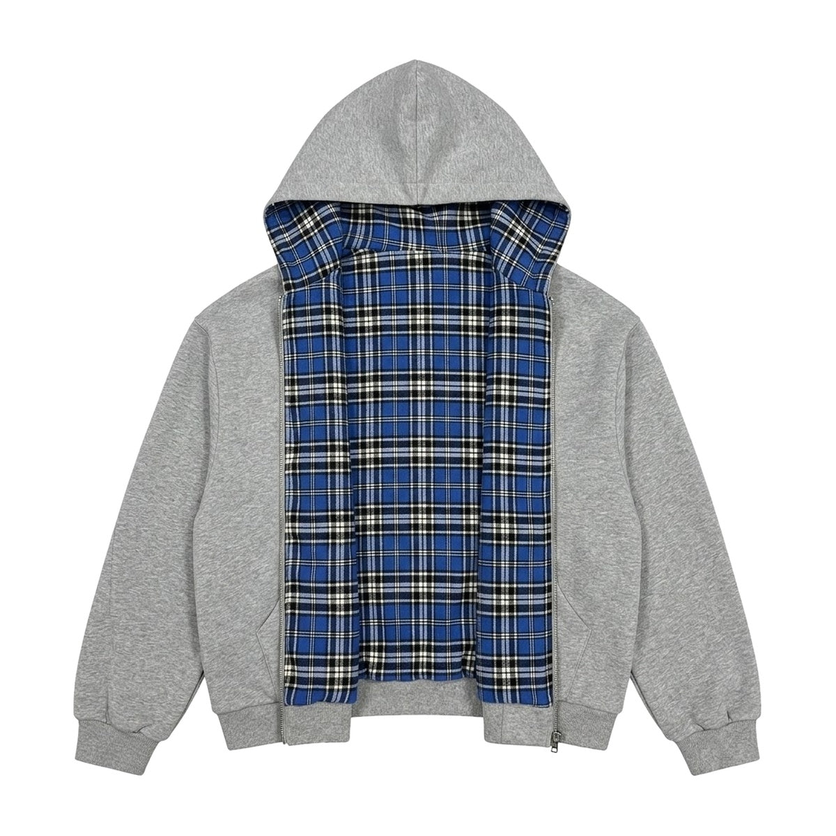 ‘SEATTLE’ zip up – grey reversible zip hoodie, blue plaid flannel lining