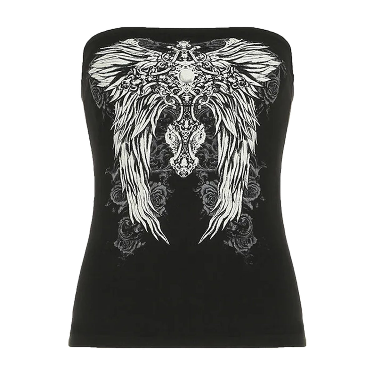 ‘SERAPH’ tube top – black strapless tube top, gothic wings print