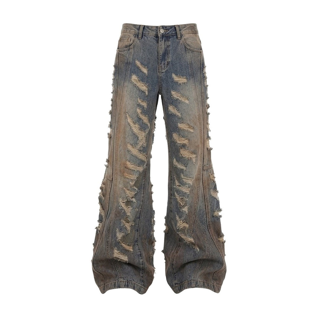 ‘SHIPWRECK’ flared jeans – vintage blue flared jeans, shredded, stacked hem