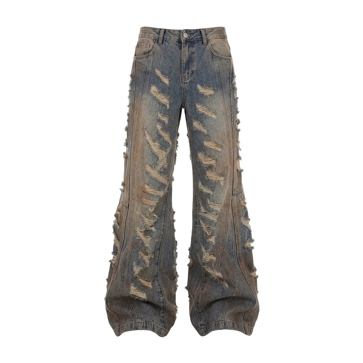 ‘SHIPWRECK’ flared jeans – vintage blue flared jeans, shredded, stacked hem