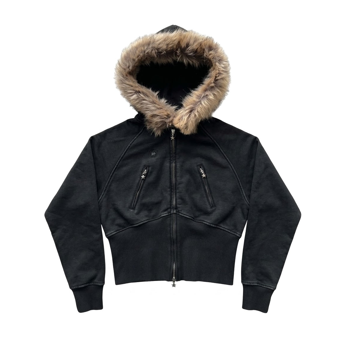 ‘SIBERIA’ fur zip up – black zip jacket, zip pockets, faux-fur hood