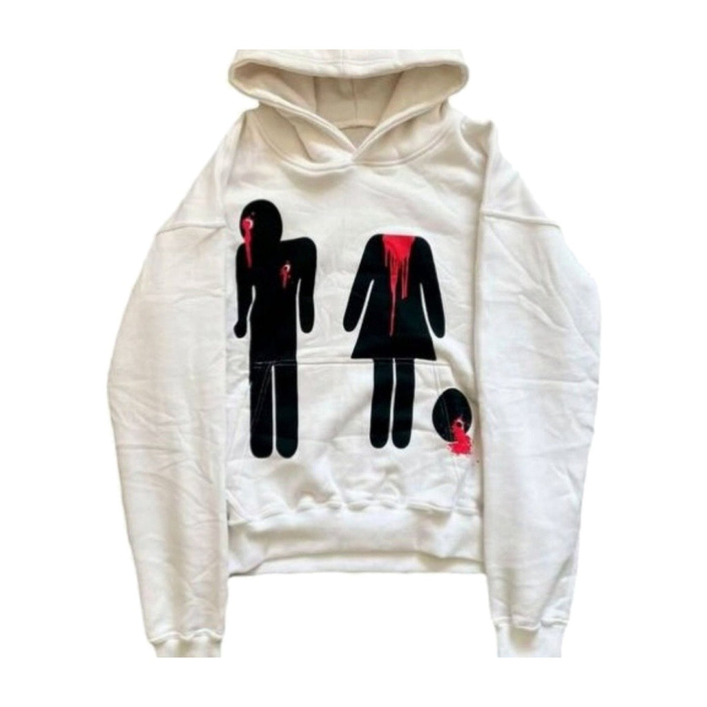 ‘SIGNS’ hoodie – white hoodie, sign-figure print with red splatter